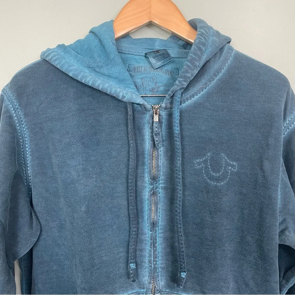 True Religion Unwashed Big T Zip Hoodie Acid Blue Size Medium 100%‎ Cotton